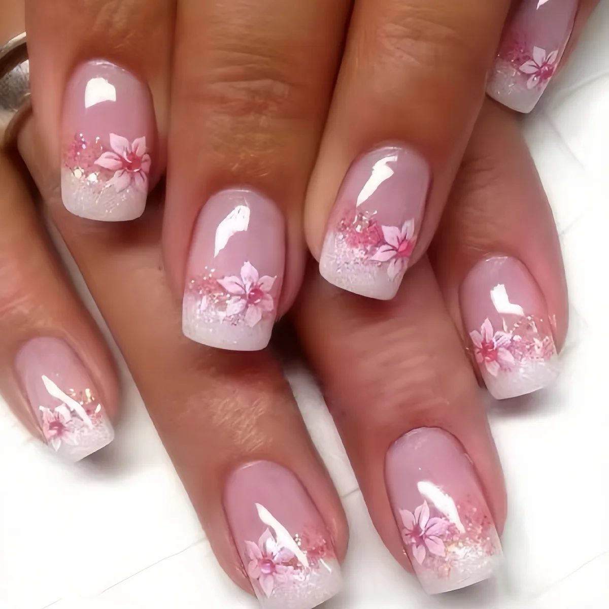 Full Cover Adhesive - 24-delige vierkante opdruknagels set met roze