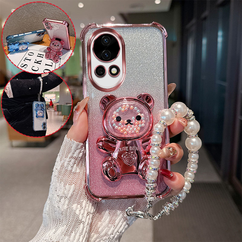 Huawei Nova 12 - Schattige beer cartoon houder parelkoordje schokbestendige