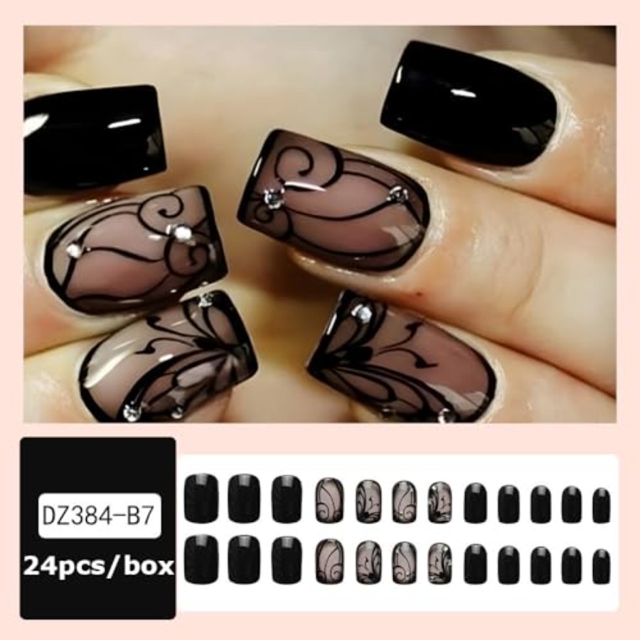 Full Cover Adhesive - Korte vierkante opzetnagels nude basis zwarte